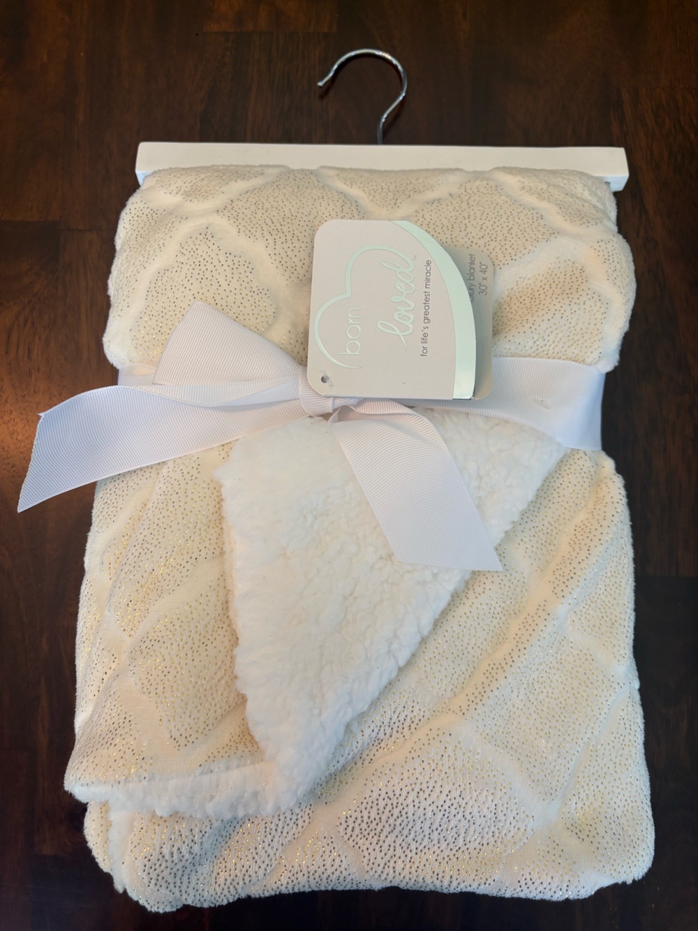 New Cozy Cream Knit Sherpa Baby Blanket with Metallic Gold Details